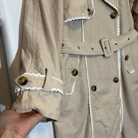 Avec Les Filles Anthropologie Rickrack Trench coat Beige Large Cotton Linen Lace - Picture 10 of 16